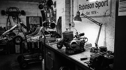 Black and white photo of a karting engine in a workshop setting