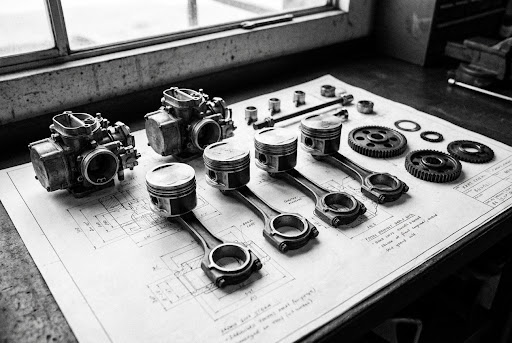 Close up of engine parts on an engineering drawing