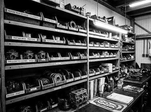 Shelves full of Rotax and Dellorto engine spares