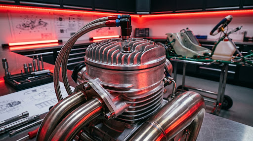 A neatly organized high-end workshop drawer filled with precision kart engine parts, spanners, and components, lit with dramatic top-down studio lighting highlighting the metallic textures.